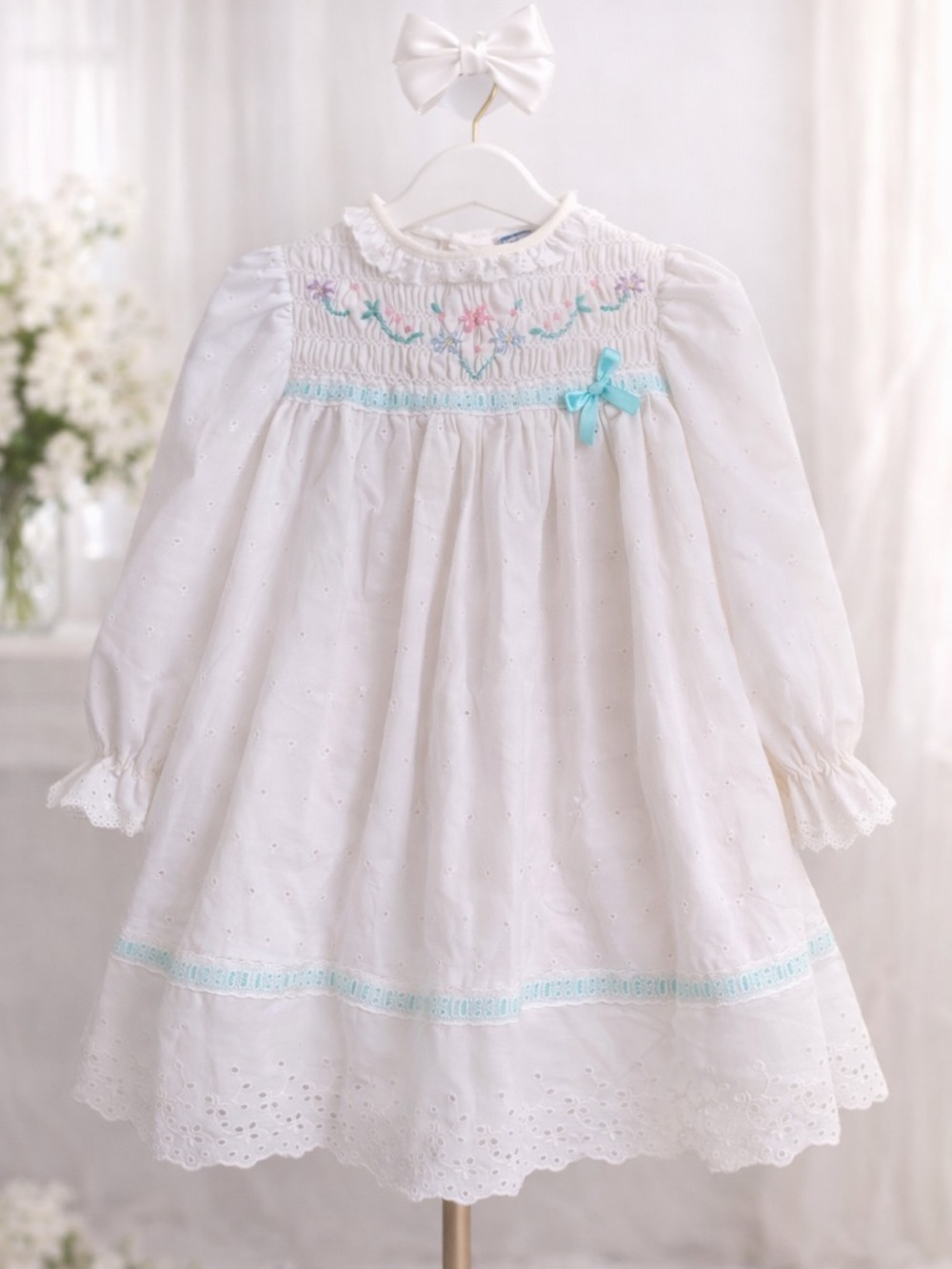 Rare Vintage Polly Flinders Hand Smocked White Eyelet Dress Aqua Ribbon Heirloom